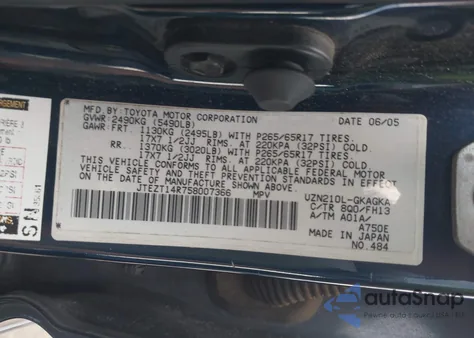 2005 Toyota 4Runner Sr5 Sport V8 z USA, uszkodzony, nr VIN JTEZT14R758007366